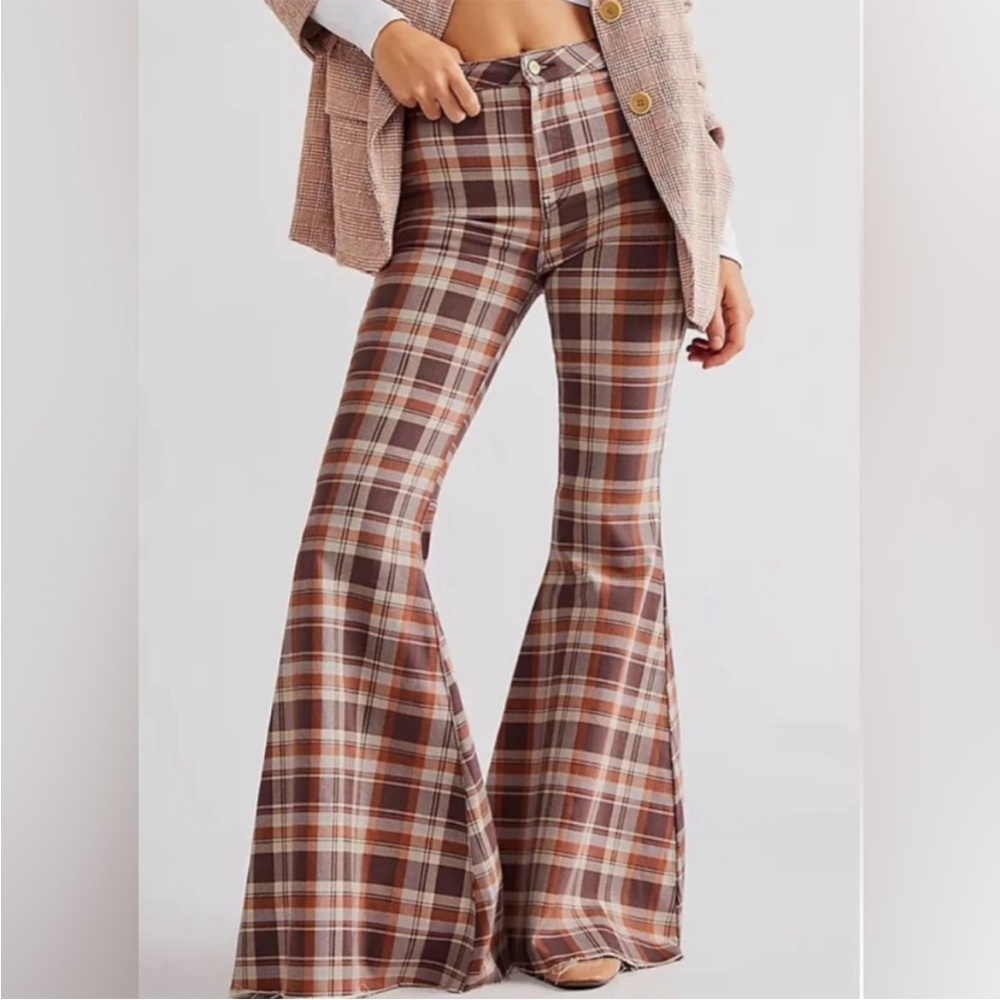 We The Free Plaid Flare Pants - Brown and Cream size 27 NWT